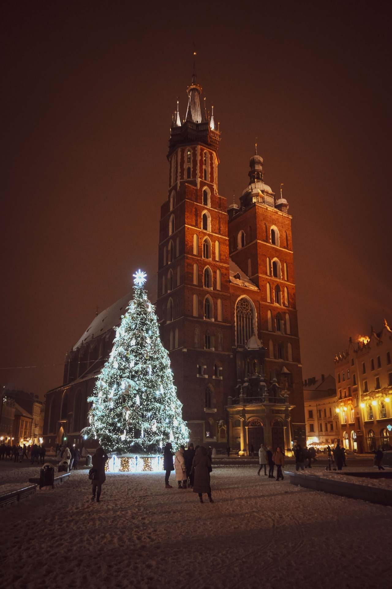 Christmas tree in front of St. Mary's Basilica on the snowy Main Square in Krakow at night