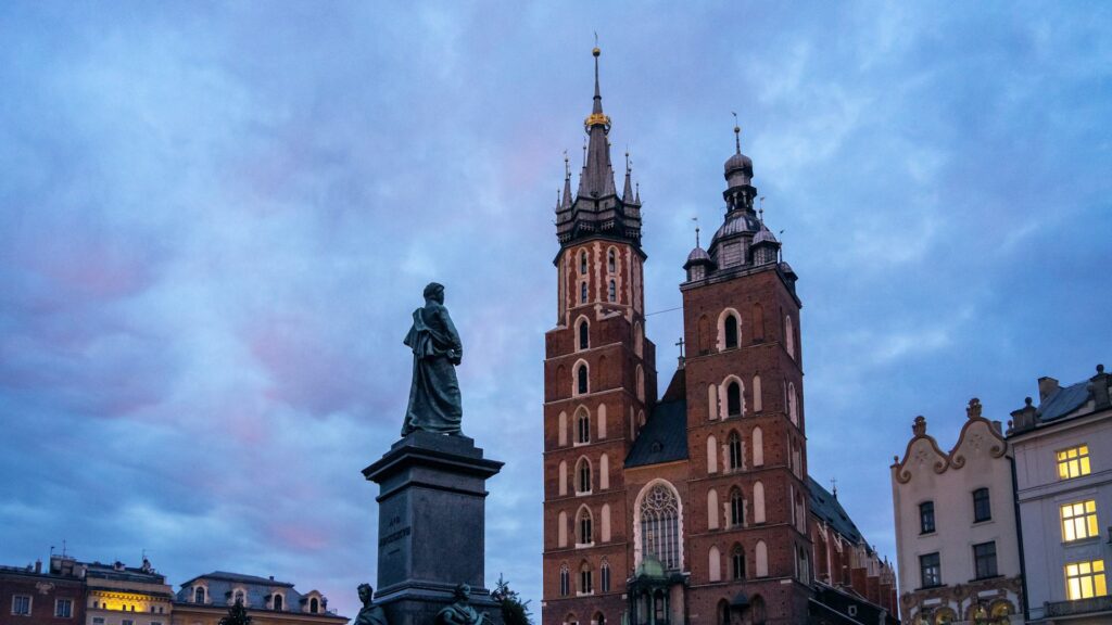 St. Mary's Basilica on Krakow's Main Square on a winter evening