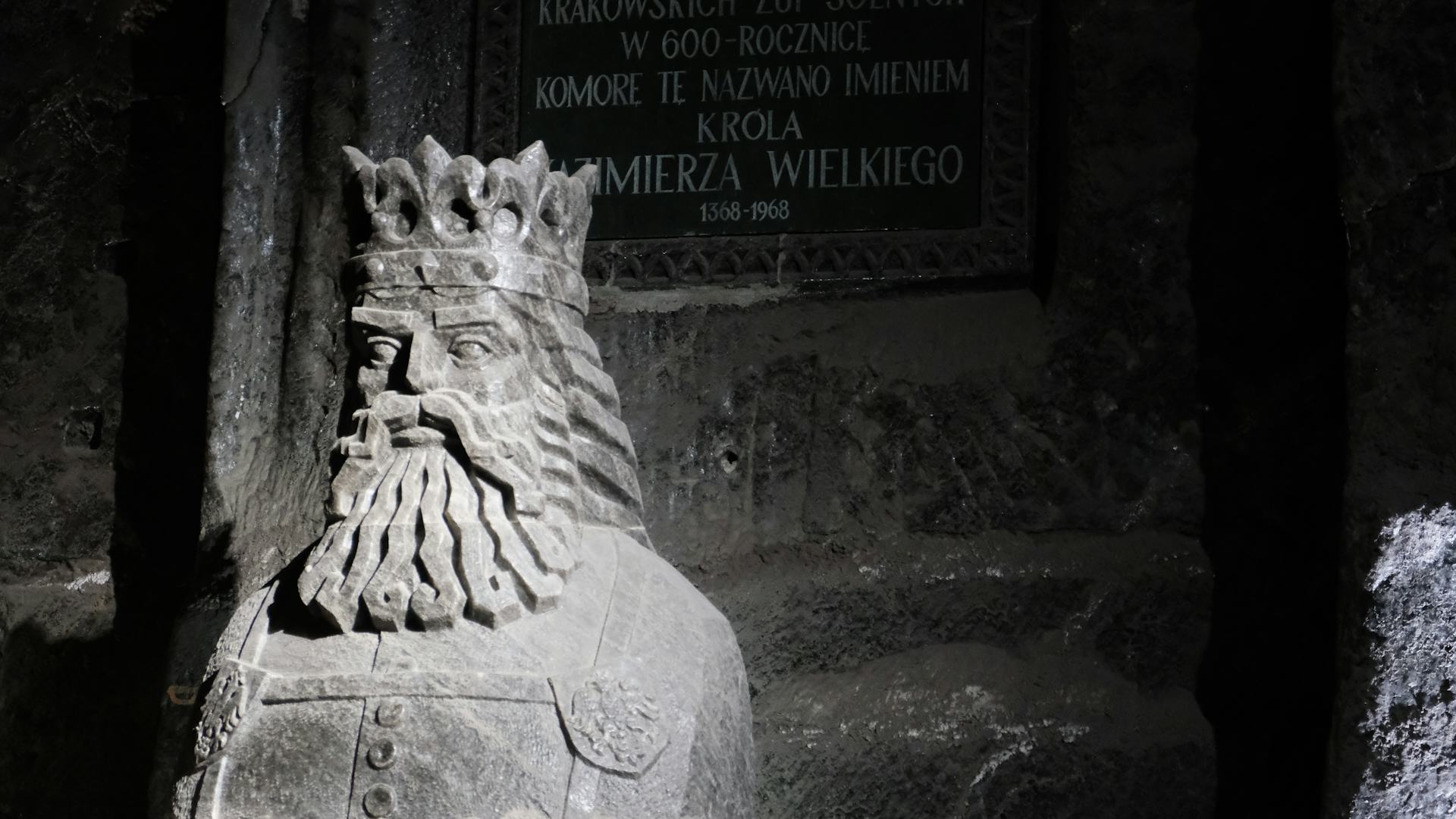 Salt-carved bust of King Casimir the Great in the Wieliczka Salt Mine
